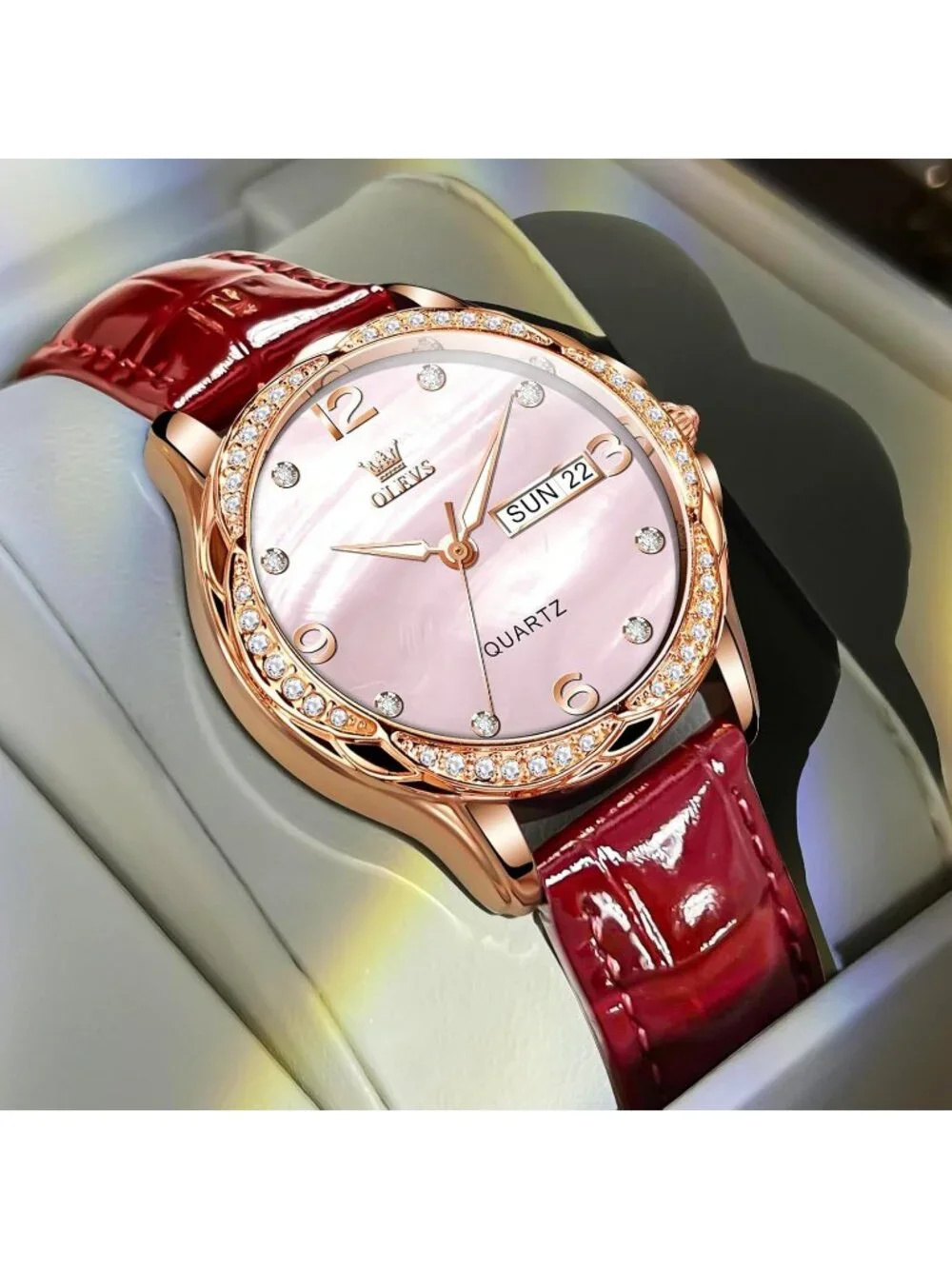 Women's Pink-Leather Rose Gold Ceramic Two Tone Ladies Wrist Watch Day Date Gift